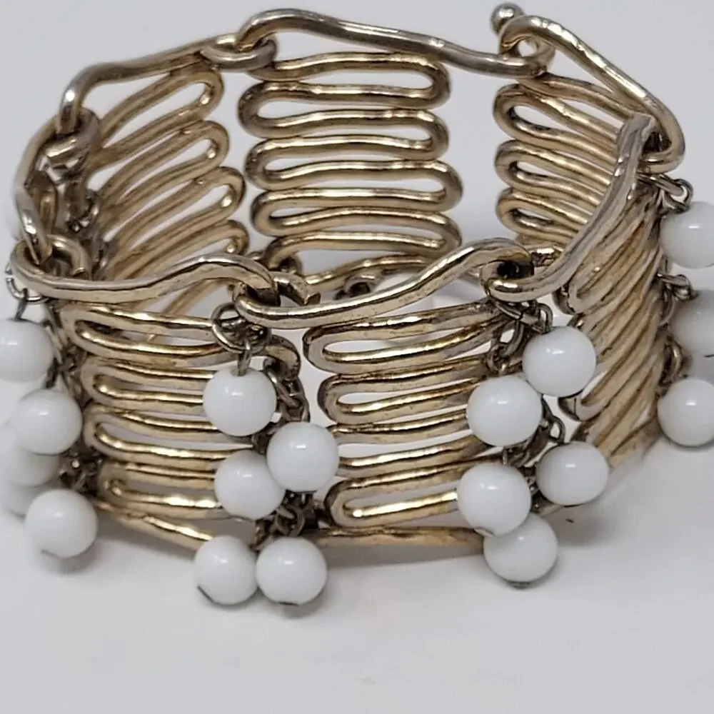Artisan Sculptural Bracelet Hammered Silver Tone White Bead Accents 1.5